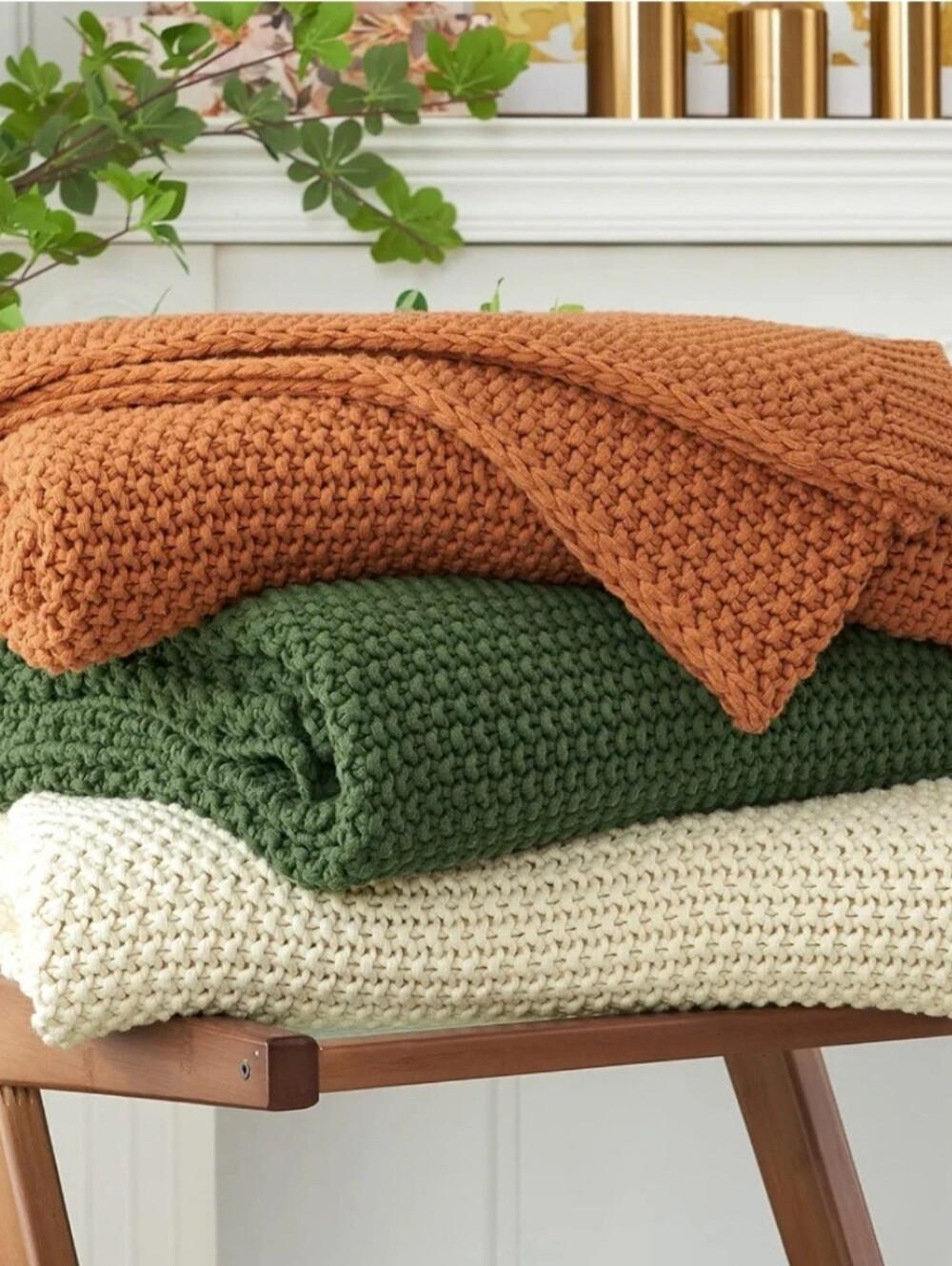 New 100% Cotton Woven Chunky Knit Blanket 51x63 inches in Green or Burnt Orange